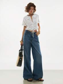 Poéselle Women's Cotton Mesh Embroidered Lace-Up Button Blouse,White Top,Cotton Shirt,Elegant Valentine, Vacation,Summer Tops,Spring/Summer Blouse Summer, White Cropped Blouse - White - View 7