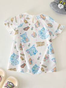 TOM & JERRY X SHEIN 女婴休闲印花圆领荷叶边下摆睡裙，夏季 - 白色 - 查看 2