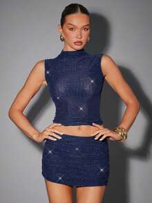 Hauture Sexy Summer Party Burgundy Red Mock Neck Hot Fixed Rhinestone Double Layer Mesh Tank Top - Navy Blue - View 3