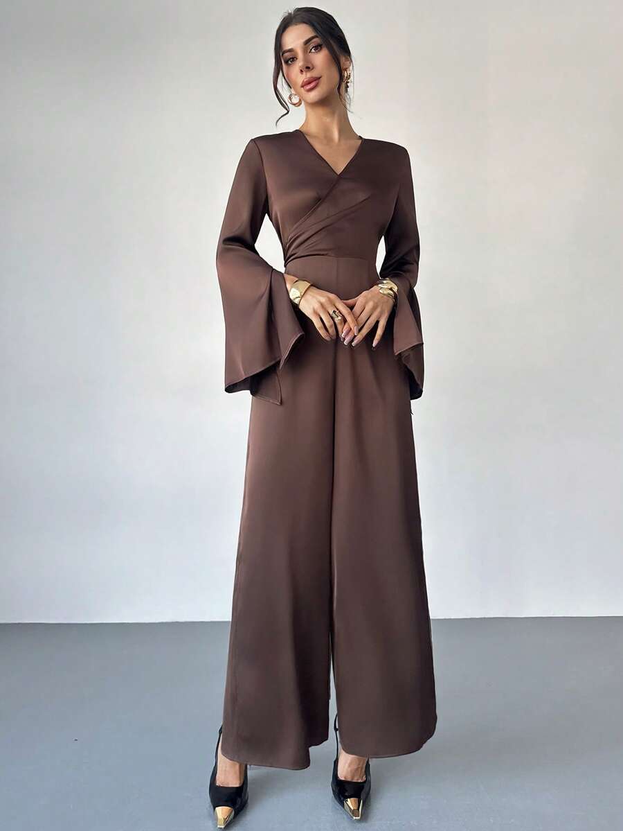 Firerie Damen eleganter Party Cocktail Hochzeitsgast Jumpsuit mit Langarm, brauner Satin Crêpe Jumpsuit mit weiten Ärmeln und Wickeltaille, neues Kleid für Herbst/Winter/Frühling - Braun - Übersicht 1