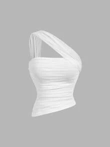 SHEIN MOD 女士杏色复古不对称褶皱无袖上衣，返校节服装，美人鱼服装，仙女服装，希腊女神服装 - 黑與白 - 查看 5