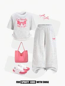 JNSQ 2pcs/Set Young Girls' Round Neck Short Sleeve Sweatshirt With Bow Print & Sweatpants, Spring/Summer - Light Grey - View 1