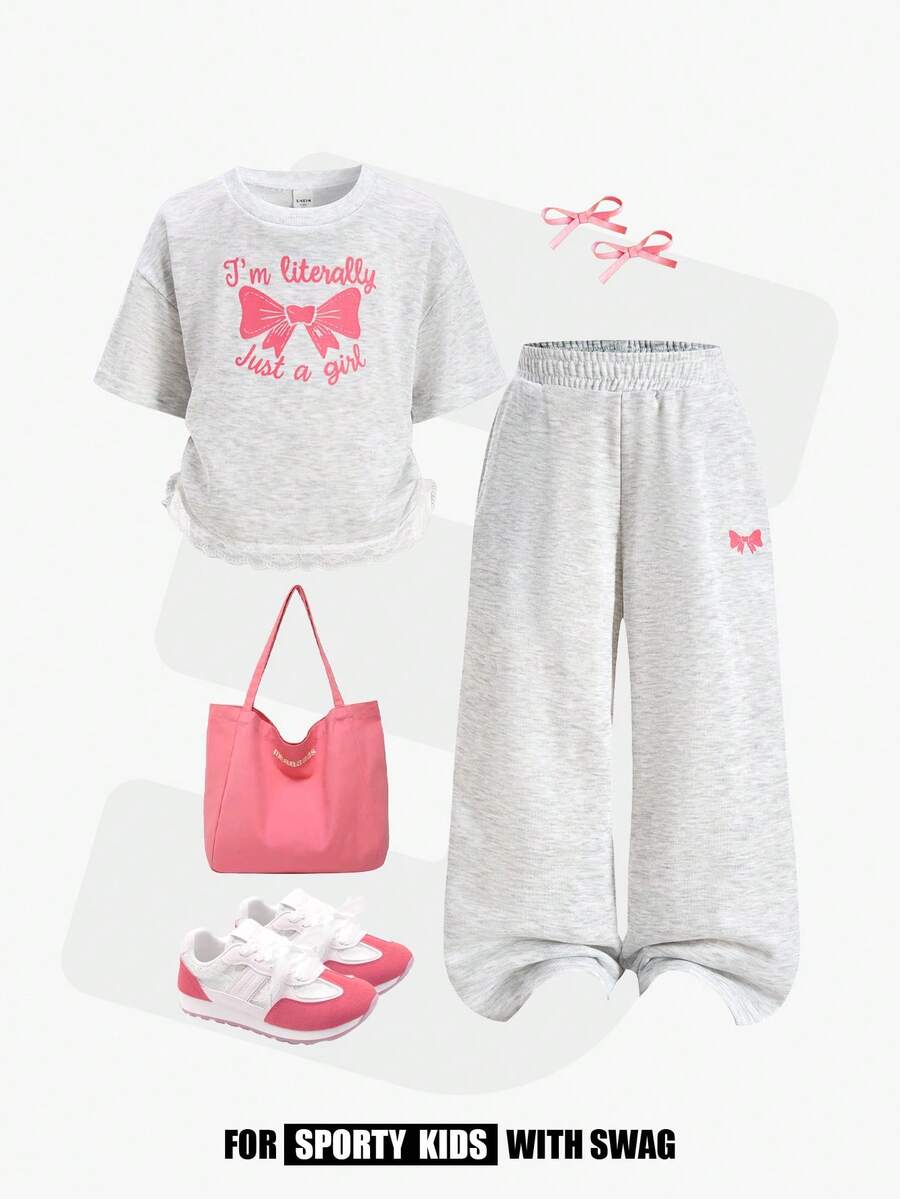 JNSQ 2pcs/Set Young Girls' Round Neck Short Sleeve Sweatshirt With Bow Print & Sweatpants, Spring/Summer - Light Grey - View 1