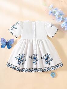 SHEIN Newborn Baby Girl Elegant Embroidered Dress,Dusty Blue Floral Lace White Princess Maxi Dress,Summer Wedding Christening Vintage Heirloom Outfit - Blue and White - View 2