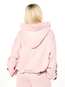 SUMWON WOMEN Áo hoodie dáng rộng màu hồng với mũ viền lông giả, trang phục mặc nhà ấm áp cho mùa đông, thích hợp cho ngày Valentine. - Hồng - Xem 2