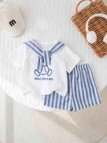 SHEIN 3pcs Baby Boy Summer Casual Vacation Cute Blue & White Striped Shawl, White Bear Graphic T-Shirt, And Blue & White Striped Casual Shorts - Multicolor - View 5