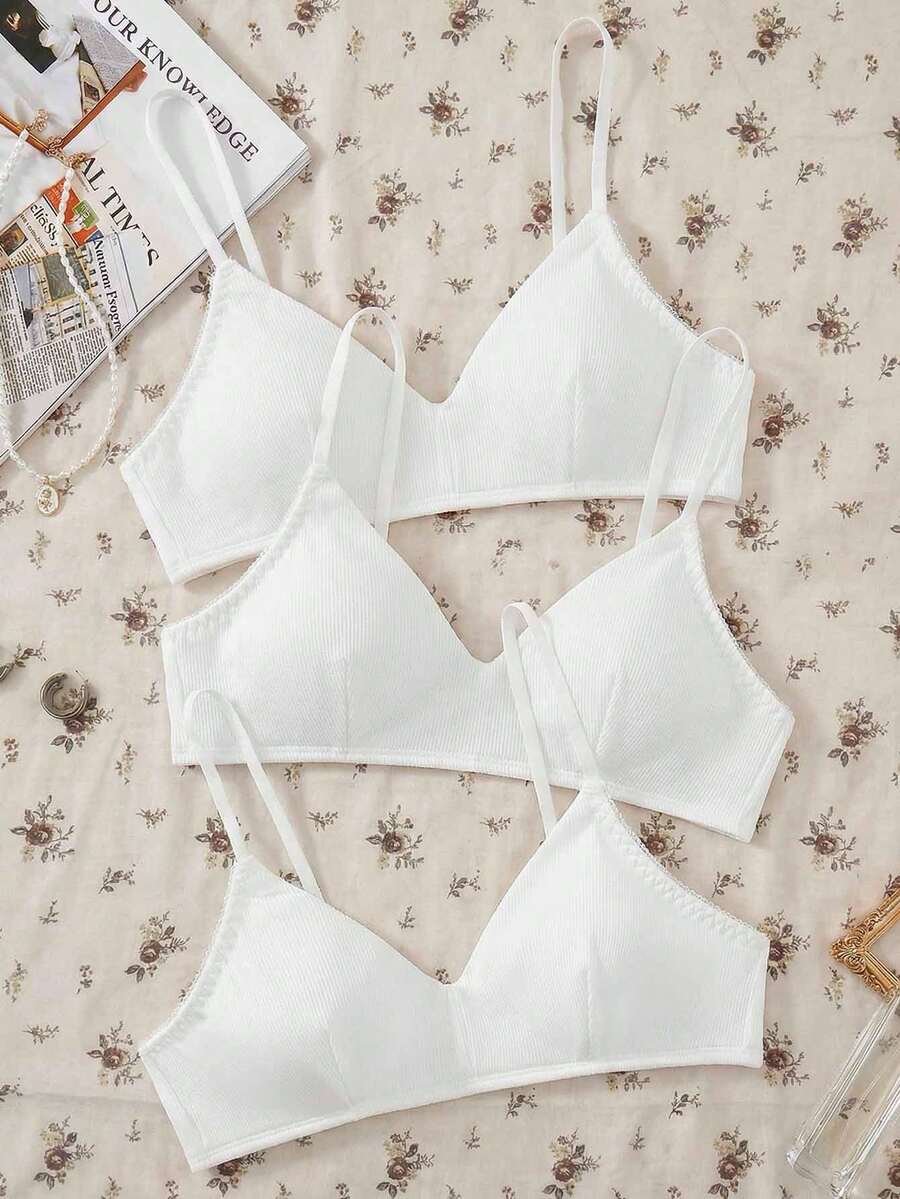 SHEIN 3件套少女/年轻女士简约法式无钢圈文胸套装，双扣提拉文胸套装 - 白色 - 查看 1