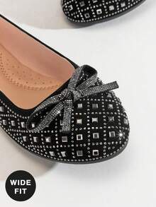 SHUZIA #Widefit-Sparkling Women's Round Toe Pewter Rhinestone Bow Nub Black Ballet Flat– Elegant, Comfortable & Dressy - Black - View 6