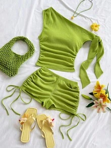 Soleia 春夏新款休闲度假西部海滩婚礼宾客着装毕业早午餐女士圣帕特里克节春假复活节音乐节优雅波西米亚热带风情针织纹理绿色不对称肩部系带抽绳单肩两件套 - 綠色 - 查看 6