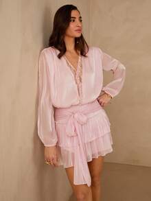 Enchnt Đầm ren phối ren, thắt eo, nơ, kiểu dáng thanh lịch - Hồng - Xem 7