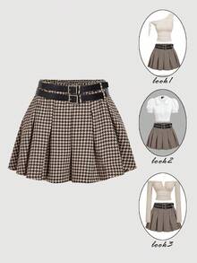 SHEIN MOD 千鸟格纹褶裥低腰迷你裙，配两条腰带，学院风，灵感源自复古富贵美学，完美适用于办公室和通勤，Y2K风格，也适合约会、派对、皇家风范、节日和生日等场合穿着。 - 彩色 - 查看 1