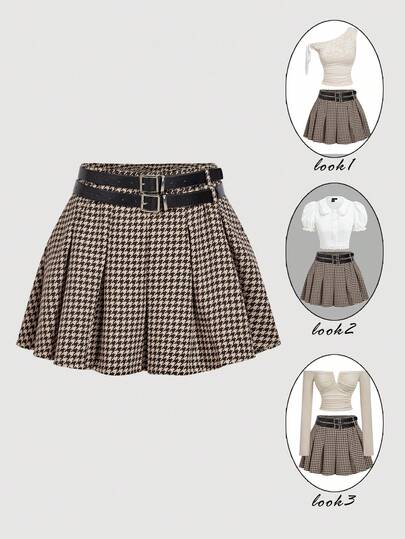 SHEIN MOD 千鸟格纹褶裥低腰迷你裙，配两条腰带，学院风，灵感源自复古富贵美学，完美适用于办公室和通勤，Y2K风格，也适合约会、派对、皇家风范、节日和生日等场合穿着。