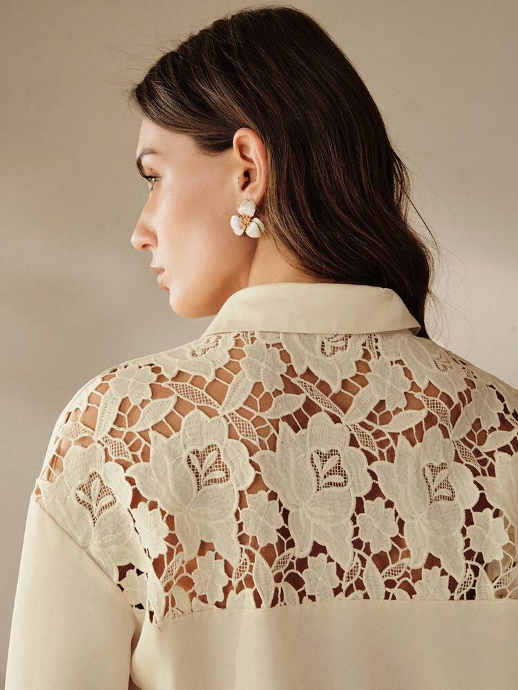 Anewsta Women's Cream Floral Lace See-Through Back Long Sleeve Blouse, Elegant Spring/Summer Casual Party Holiday Outerwear