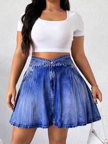 Elenzga 大码女装时尚休闲浅蓝色牛仔印花高腰显瘦短裙，适合运动、户外跑步和日常休闲穿着 - 藏蓝色 - 查看 3