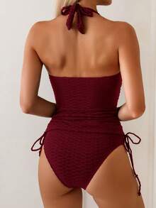 Swim Lushoire 女士夏季度假休闲沙滩装纯色藏蓝色两件套吊带比基尼套装 - 酒紅色 - 查看 2