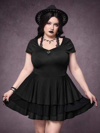 Gothic Cross Elegant Short Sleeve Layered Ruffle Hem Halter Lace Faux Two Pieces Black Dress, Plus Size