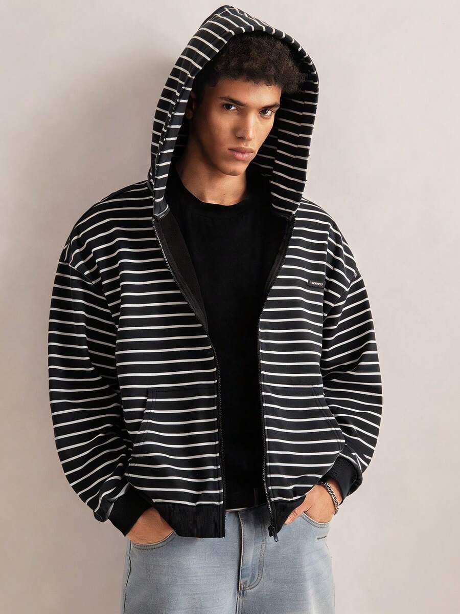 SWAVVY Men's Casual Hoodie Sweatshirt, Spring/Autumn, Standard Size, Digital Print, Ribbed - Black - View 1