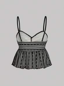 SHEIN MOD 浪漫可爱奶油杏色蕾丝吊带上衣，娃娃裙摆——花园茶会、约会、派对、女士春夏连衣裙、沙滩装、春假、度假、野餐、节日、生日装 - 黑與白 - 查看 6