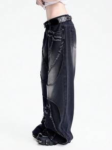 Breakform Women's Casual Loose Fit Pockets Button Frayed Hem Denim Wide Leg Pants, Suitable For Commuting And Street Style