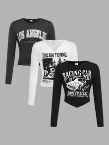 SHEIN Girlism 3pcs Tween Girls Casual Graphic Print Racerback Cropped Short Tee With Butterfly & Slogan Chic Outfits For Autumn/Winter