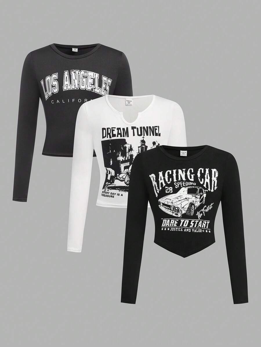 SHEIN Girlism 3pcs Tween Girls Casual Graphic Print Racerback Cropped Short Tee With Butterfly & Slogan Chic Outfits For Autumn/Winter