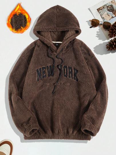 Claim Dot 超大号男士泰迪熊抽绳连帽卫衣，落肩设计，字母刺绣