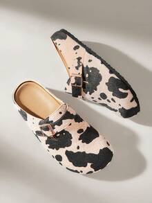 Solecia Women's Cow Pattern Buckle Design Casual Slip-On Mules - Apricot - View 6