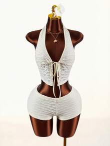 Amplova Deep V-Neck Halter Tie-Up Super Low Waist Striped Mini Shorts 2 Pieces Set - Apricot - View 9