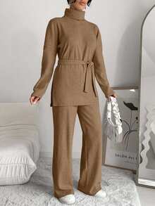 EURMUSE Women's Casual Solid Color Turtleneck Sweater And Knit Pants 2 Pieces Set, Autumn/Winter - Mocha Brown - View 5