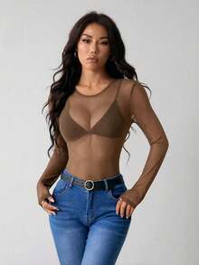 SHEIN PETITE See Through Mesh Bodysuit Without Lingerie