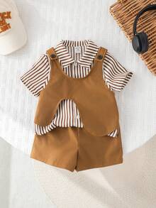 SHEIN 3pcs Baby Boy Preppy Style Outfit Set: Striped Shirt, Khaki Shorts, Suspender Pants, Bow Tie. Suitable For Birthday Party, Rave, Evening Party, Performance, Wedding, Baby Shower, 1st Birthday Celebration
