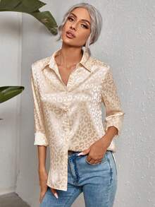 SHEIN Clasi 女士时尚休闲豹纹纽扣梭织衬衫 - 珊瑚粉 - 查看 6