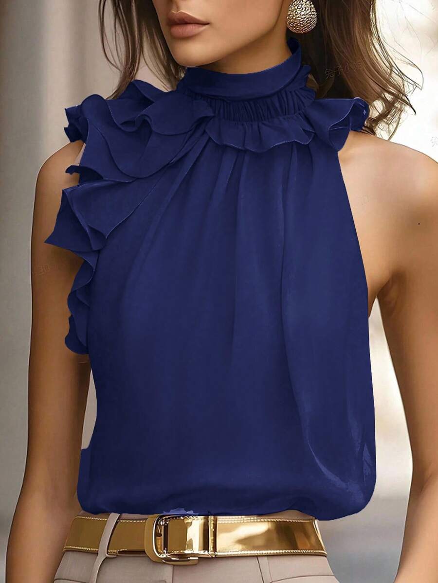 Balvessa Ruched Sleeveless Blouse, Intellectual And Elegant - Navy Blue - View 1