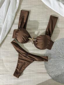 Swim Chiccia 2pcs Elegant Shiny Fabric Underwire Padded Tankini Top And Ruched Side Tie Bottoms Swimsuit Set - Coffee Brown - View 4