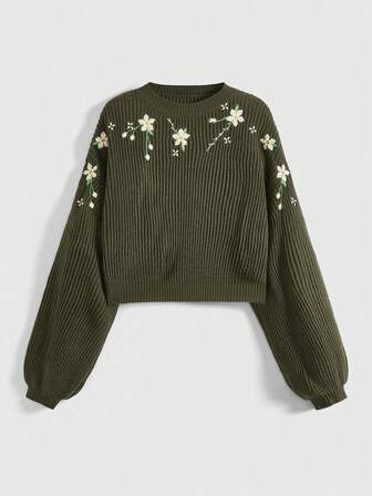 Fairycore Plus Size Women Casual Floral Embroidery Drop Shoulder Loose Cropped Sweater, Autumn/Winter