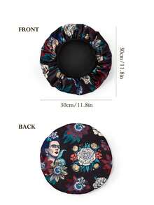 Frida Kahlo X SHEIN 双层升级版护发帽，宽弹力缎面睡眠帽，柔软舒适，适合日常居家和睡眠佩戴，黑色花卉印花，夏季穿搭，春季穿搭，海滩度假，花朵图案
