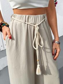 Cloudara Rope Detailed Wide Leg Pants Fake Linen - White - View 4