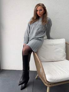 Jeta Ari 2 件套女士休闲圆领刺绣纯色 A 字形百褶裙和毛衣 - 灰色 - 查看 4