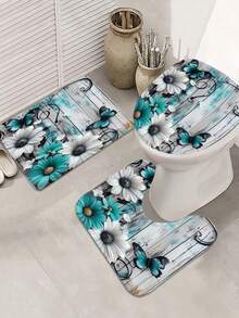 Set de 4 piese, set de baie elegant și simplu, albastru-verde, cu fluturi florali - perdea de duș și serie de covoare, cadou rafinat și practic pentru decorarea casei.