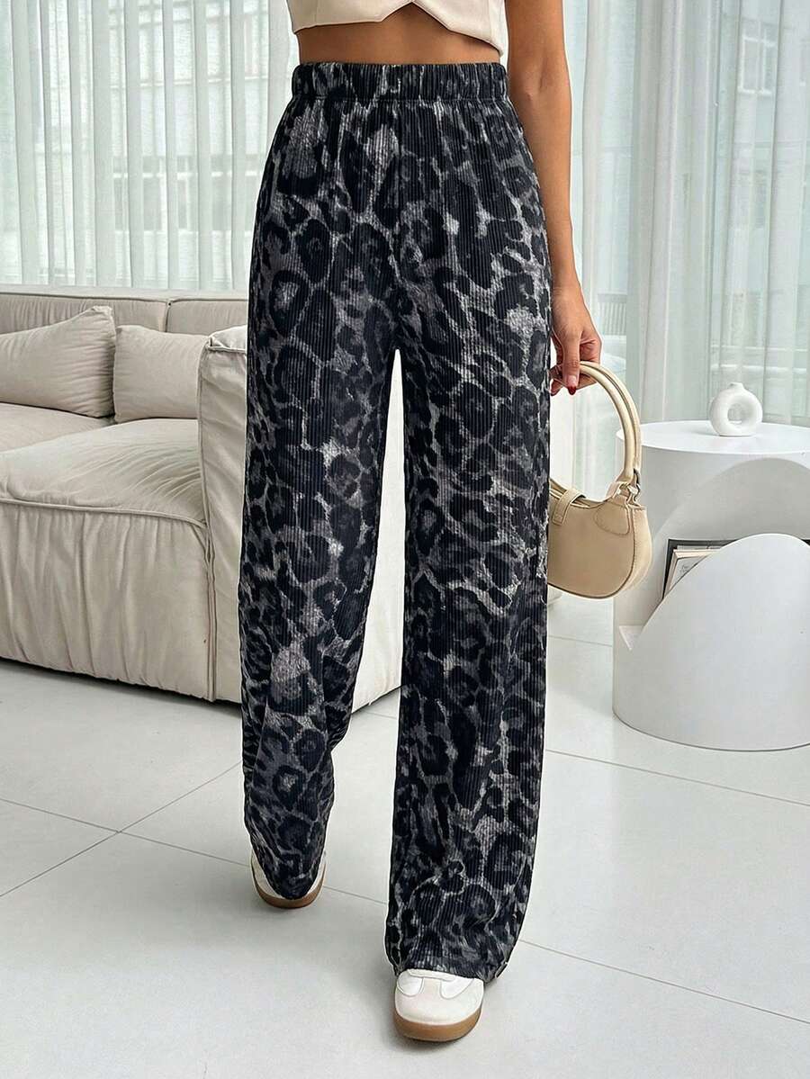Women's Leopard Print Elastic Waist Loose Wide Leg Casual Pants - Multicolor - View 1