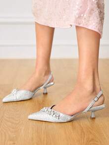 CUCCOO HITCHD Women's Fashionable Elegant Party Crystal Embellished Pointed Toe Pumps - Silver - View 4