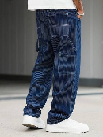 Manfinity Hypemode Męskie, casualowe, uliczne jeansy w paski z haftem i wieloma kieszeniami w kolorze niebieskim