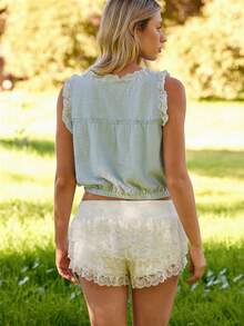 WESTFADE Ärmellose Spitzenbesatz Rüschen Knopfleiste Satinschleife Oberteil - Babyblau - Übersicht 2