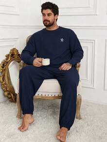 DAZY Navy Blue Patterned Print Elastic Waist Drawstring Men's Loungewear Set, Autumn - Navy Blue - View 3