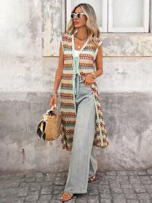 Brillora Blusa de estilo bohemio tejida con lazo, casual y de vacaciones para primavera y verano - Multicolor - Ver 5