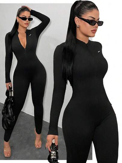 SHEIN SXY Mono de manga larga con cremallera y letra para mujer, mono sexy, mono ajustado, mono de manga larga para mujer, mono negro, mono para mujer, invierno, sexy, negro, otoño