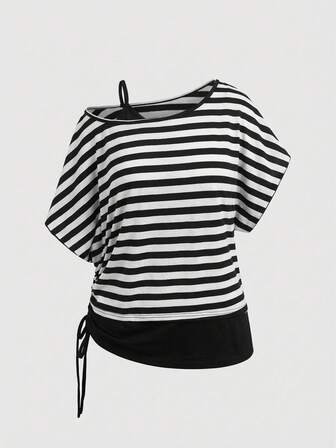 Dark Grunge Punk Asymmetric Shoulder Loose Fit Vintage Striped Plus Size T-Shirt
