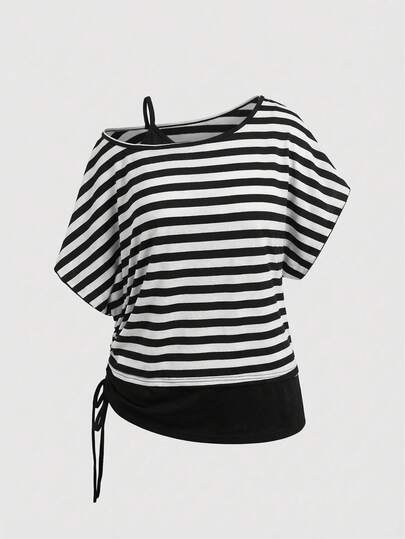 Dark Grunge Punk Asymmetric Shoulder Loose Fit Vintage Striped Plus Size T-Shirt