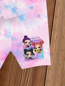 1 Set Baby Girls' Fashionable & Cute Cartoon K-POP Girl Pattern Tie-Dye Print Short Sleeve Crew Neck T-Shirt And Shorts Set, Suitable For Casual And Outdoor Wear - Multicolor - View 4