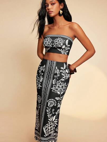 Travachic Women's Floral Print Cropped Bandeau Top And Fitted Mini Skirt Set, Fashionable And Sexy For Vacation